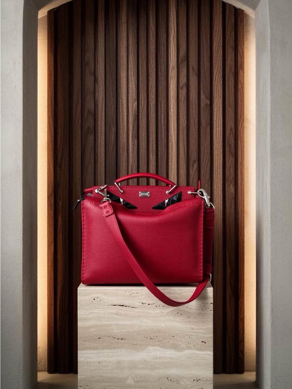 Fendi Selleria Peekaboo Red Leather Top-Handle Crossbody Bag - with COA
